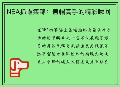 NBA抓帽集锦：盖帽高手的精彩瞬间